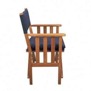 Homeroots 20" Navy Blue And Natural Wood Solid Wood Indoor Outdoor Director Chair With Navy Blue Cushion  Teak 476336