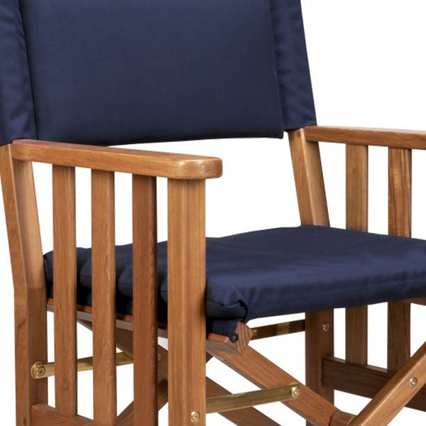 Homeroots 20" Navy Blue And Natural Wood Solid Wood Indoor Outdoor Director Chair With Navy Blue Cushion  Teak 476336