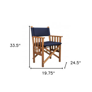 Homeroots 20" Navy Blue And Natural Wood Solid Wood Indoor Outdoor Director Chair With Navy Blue Cushion  Teak 476336