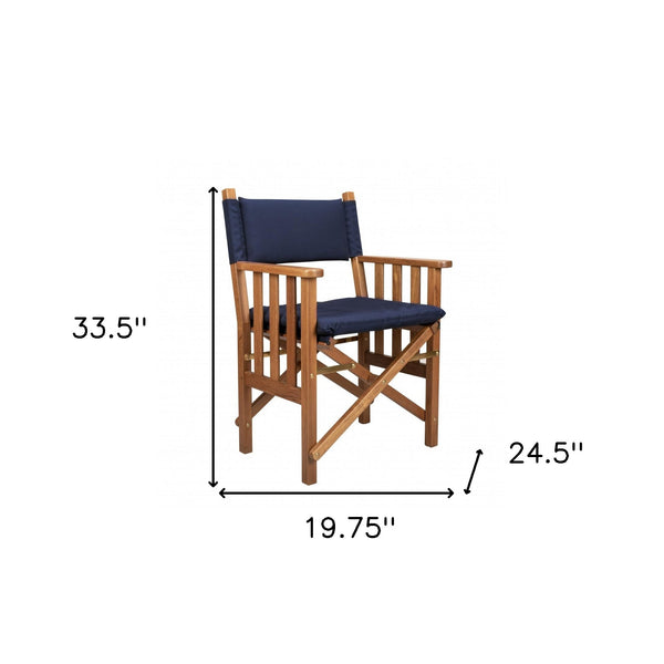 Homeroots 20" Navy Blue And Natural Wood Solid Wood Indoor Outdoor Director Chair With Navy Blue Cushion  Teak 476336