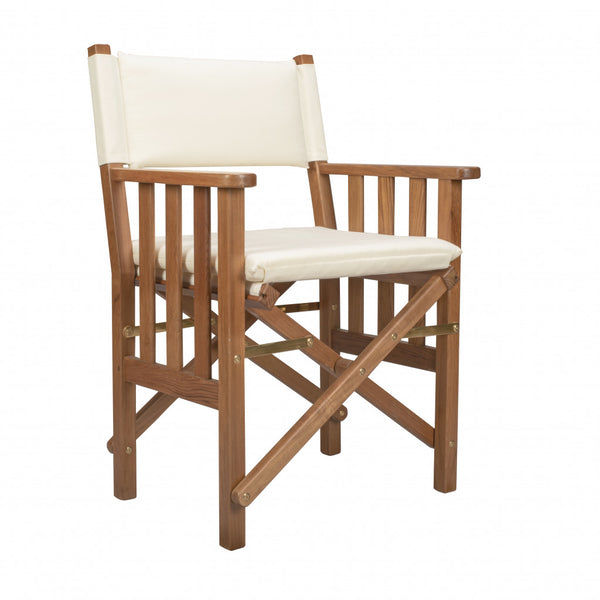 Homeroots 20" Ivory And Natural Wood Solid Wood Indoor Outdoor Director Chair With Ivory Cushion  Teak 476337