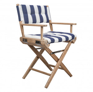Homeroots 23" Blue And White And Natural Wood Solid Wood Indoor Outdoor Director Chair With Blue And White Cushion  Teak 476339