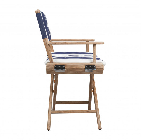 Homeroots 23" Blue And White And Natural Wood Solid Wood Indoor Outdoor Director Chair With Blue And White Cushion  Teak 476339