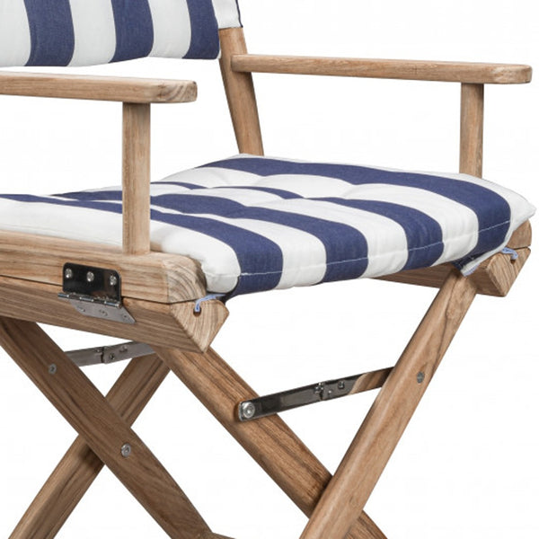 Homeroots 23" Blue And White And Natural Wood Solid Wood Indoor Outdoor Director Chair With Blue And White Cushion  Teak 476339