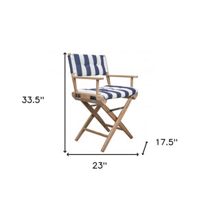 Homeroots 23" Blue And White And Natural Wood Solid Wood Indoor Outdoor Director Chair With Blue And White Cushion  Teak 476339