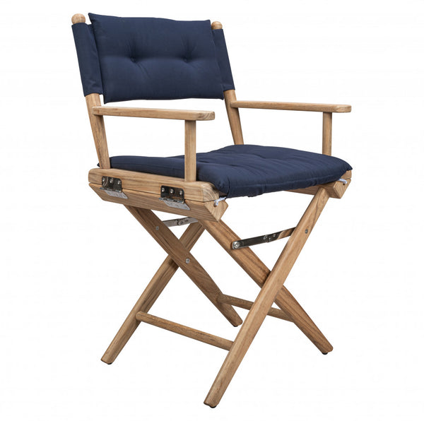 Homeroots Navy Blue And Brown Solid Wood Director Chair With Navy Blue Cushion  Teak 476341