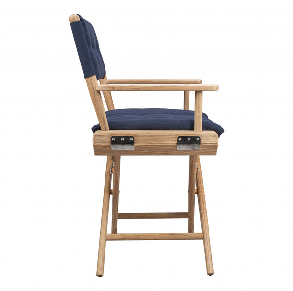 Homeroots Navy Blue And Brown Solid Wood Director Chair With Navy Blue Cushion  Teak 476341