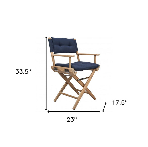 Homeroots Navy Blue And Brown Solid Wood Director Chair With Navy Blue Cushion  Teak 476341