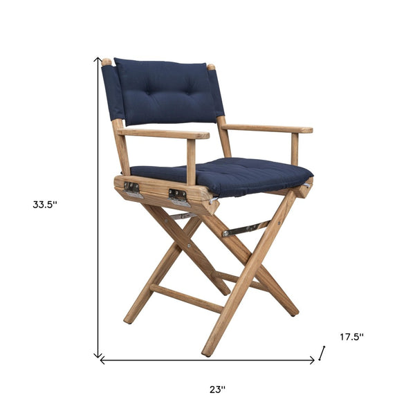 Homeroots 23" Natural Solid Wood Folding Director Chair With Navy Blue Cushion - Stylish Comfort For Outdoors  Solid Wood 476342