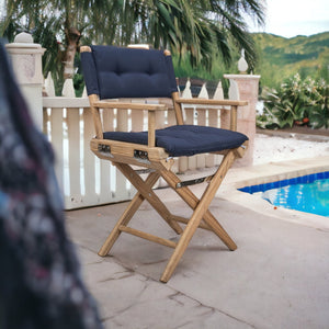 Homeroots 23" Natural Solid Wood Folding Director Chair With Navy Blue Cushion - Stylish Comfort For Outdoors  Solid Wood 476342