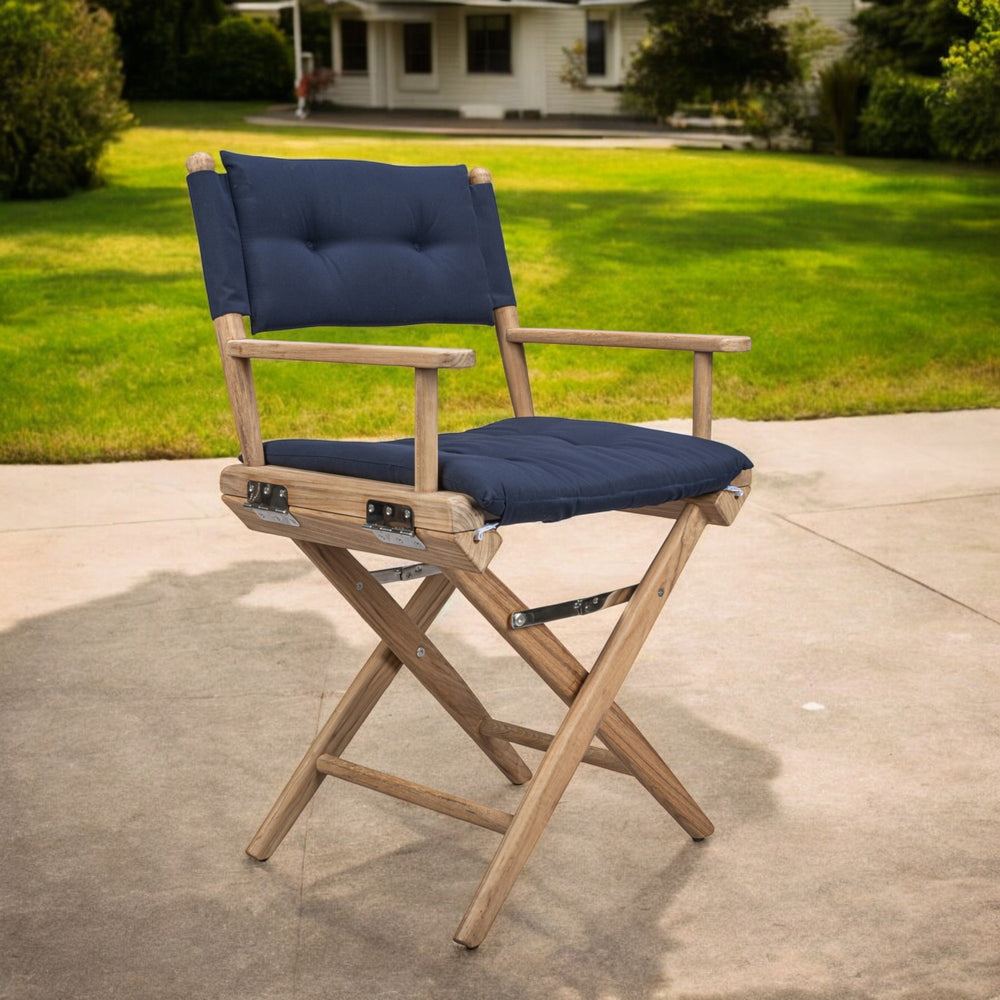 Homeroots 23" Natural Solid Wood Folding Director Chair With Navy Blue Cushion - Stylish Comfort For Outdoors  Solid Wood 476342