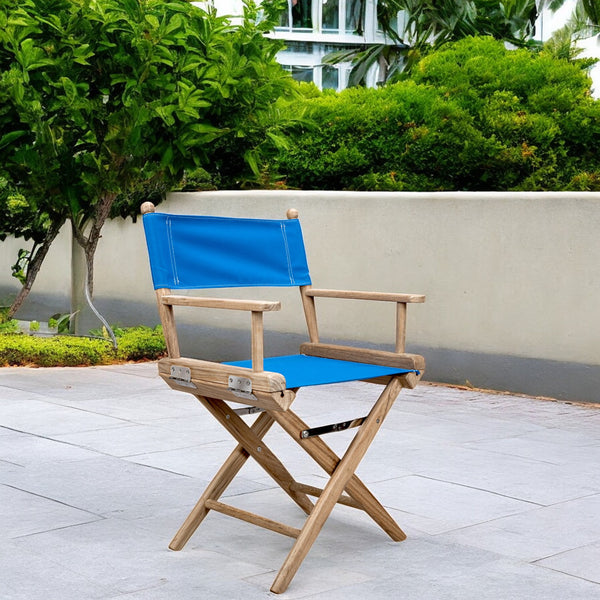 Homeroots Blue And Brown Solid Wood Director Chair  Teak 476343