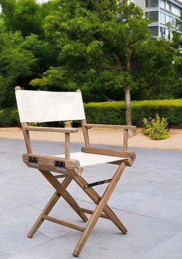 Homeroots 23" Brown And Ivory And Natural Wood Solid Wood Indoor Outdoor Director Chair  Teak 476344