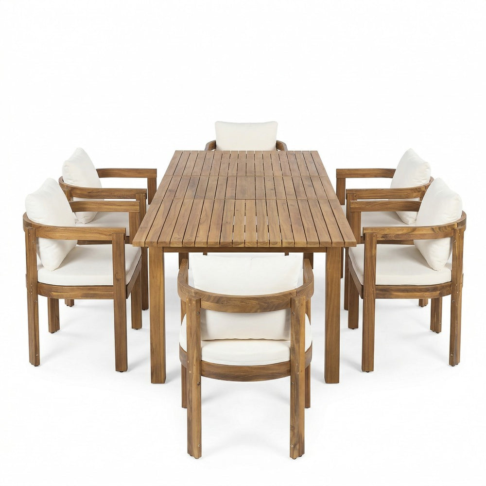 English Elm 7 Piece Solid Acacia Hardwood Extendable Outdoor Dining Set with Cream Cushioned Chairs Teak 60322.00_N762P380633A6