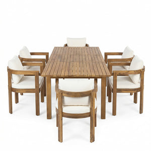 English Elm 7 Piece Solid Acacia Hardwood Extendable Outdoor Dining Set with Cream Cushioned Chairs Teak 60322.00_N762P380633A6