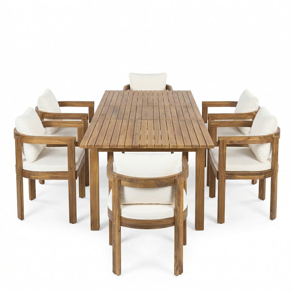 English Elm 7 Piece Solid Acacia Hardwood Extendable Outdoor Dining Set with Cream Cushioned Chairs Teak 60322.00_N762P380633A6