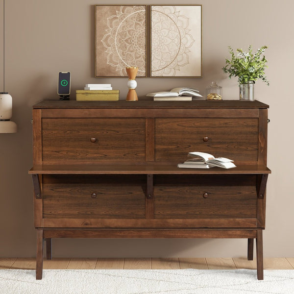 English Elm Queen Murphy Cabinet Bed Solid Pine Build with Usb Charging and Fold Out Desktop Walnut W504S00169