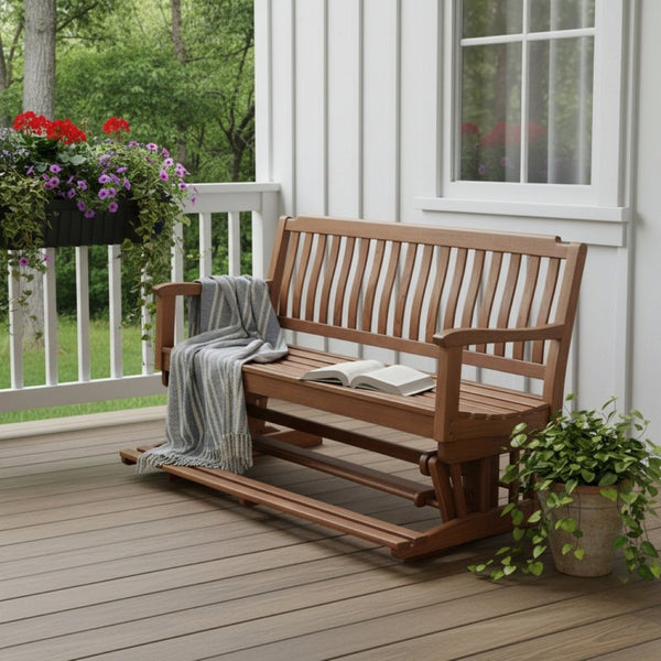 HomeRoots 60" Brown Solid Teak Outdoor Glider Bench - Durable, Stylish, and Comfort for Patios & Gardens! 476413