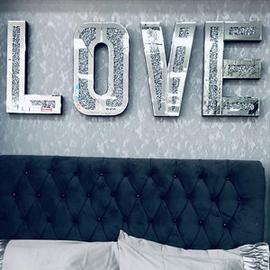 Homeroots Silver Mirrored Mosaic Crystal Bling Love Wall Decor  Manufactured Wood 476426