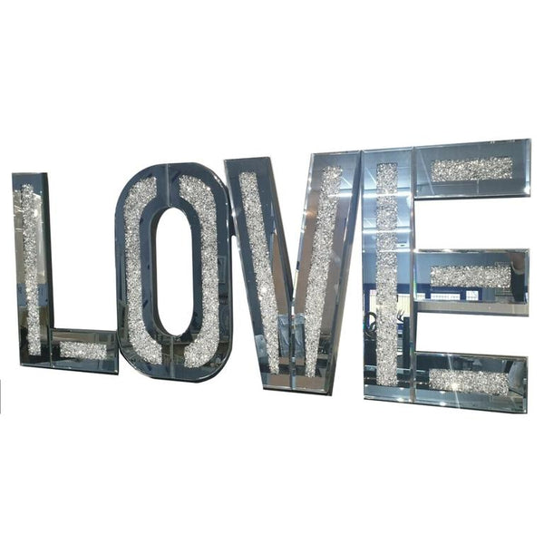 Homeroots Silver Mirrored Mosaic Crystal Bling Love Wall Decor  Manufactured Wood 476426