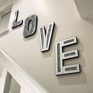 Homeroots Silver Mirrored Mosaic Crystal Bling Love Wall Decor  Manufactured Wood 476426