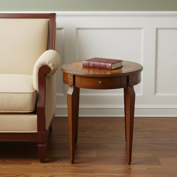 HomeRoots 24" Rustic Round End Table with Drawer - Medium Brown & Olive Ash, Perfect for Any Décor Style! 476427