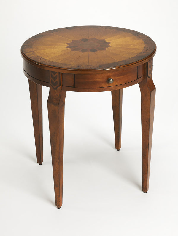 Homeroots 24" Medium Brown And Olive Ash Manufactured Wood Round End Table With Drawer   476427