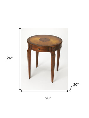 Homeroots 24" Medium Brown And Olive Ash Manufactured Wood Round End Table With Drawer   476427