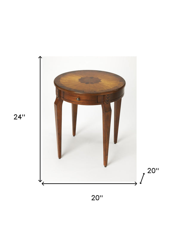 Homeroots 24" Medium Brown And Olive Ash Manufactured Wood Round End Table With Drawer   476427