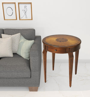 Homeroots 24" Medium Brown And Olive Ash Manufactured Wood Round End Table With Drawer   476427