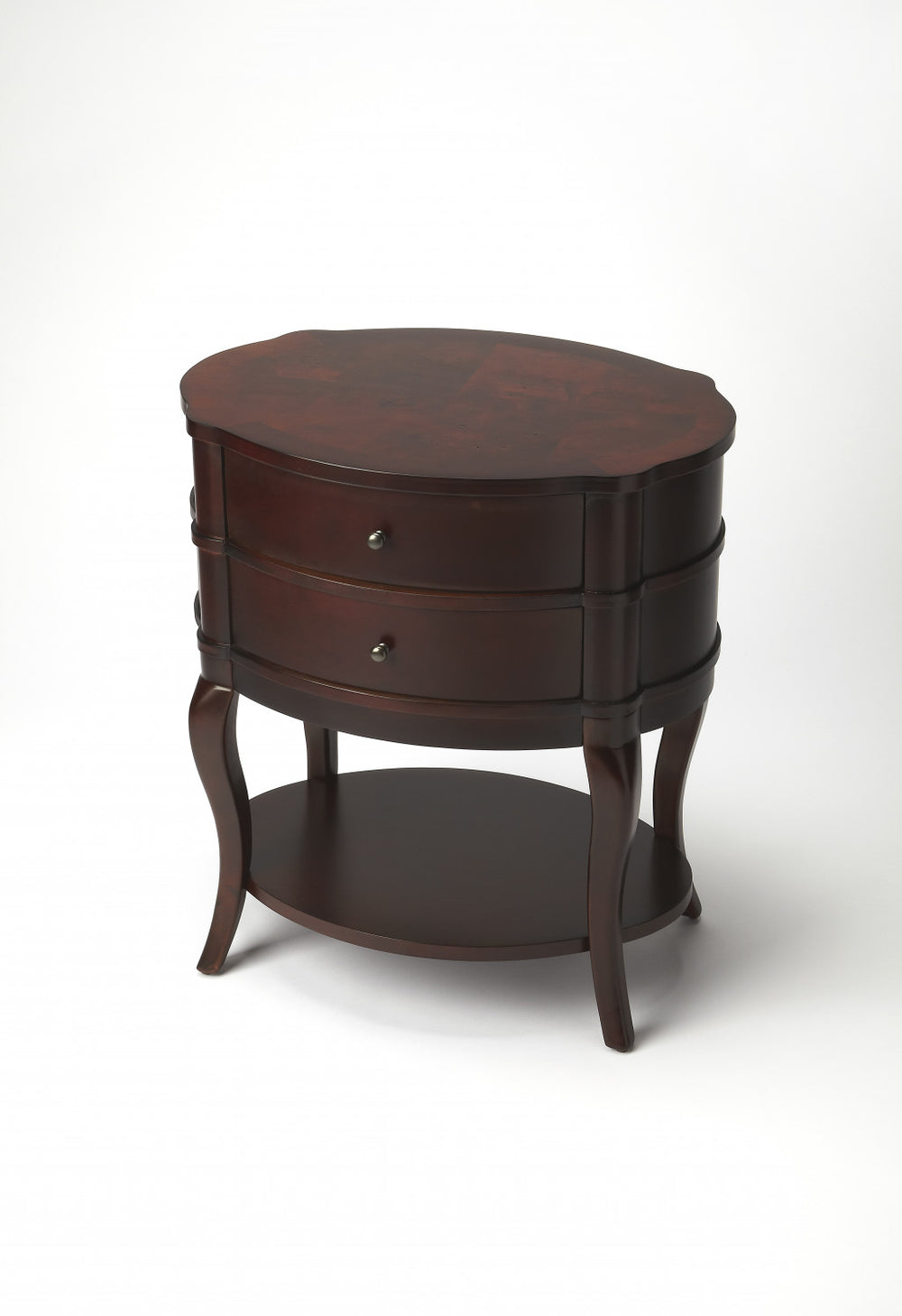 Homeroots 26" Dark Brown And Cherry Solid And Manufactured Wood Oval End Table With Two Drawers And Shelf   476429