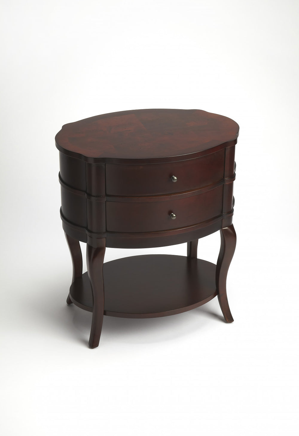 Homeroots 26" Dark Brown And Cherry Solid And Manufactured Wood Oval End Table With Two Drawers And Shelf   476429