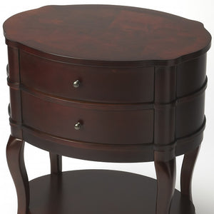 Homeroots 26" Dark Brown And Cherry Solid And Manufactured Wood Oval End Table With Two Drawers And Shelf   476429