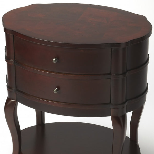 Homeroots 26" Dark Brown And Cherry Solid And Manufactured Wood Oval End Table With Two Drawers And Shelf   476429