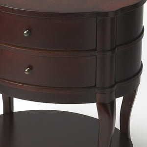 Homeroots 26" Dark Brown And Cherry Solid And Manufactured Wood Oval End Table With Two Drawers And Shelf   476429