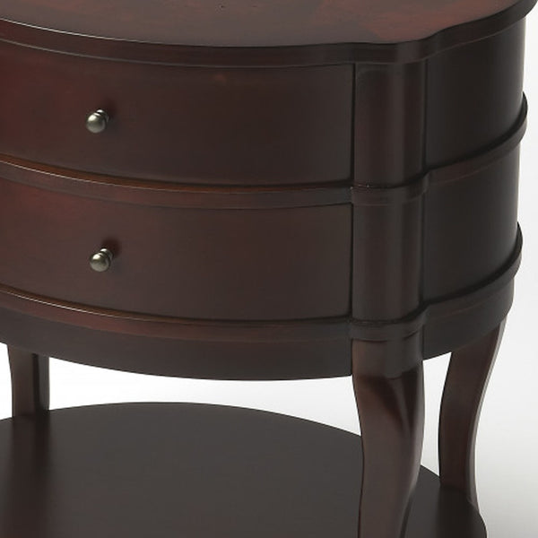 Homeroots 26" Dark Brown And Cherry Solid And Manufactured Wood Oval End Table With Two Drawers And Shelf   476429