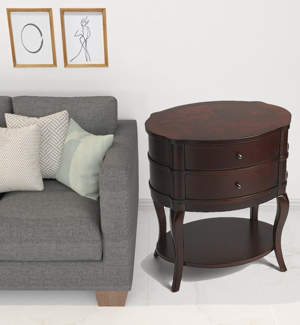 Homeroots 26" Dark Brown And Cherry Solid And Manufactured Wood Oval End Table With Two Drawers And Shelf   476429