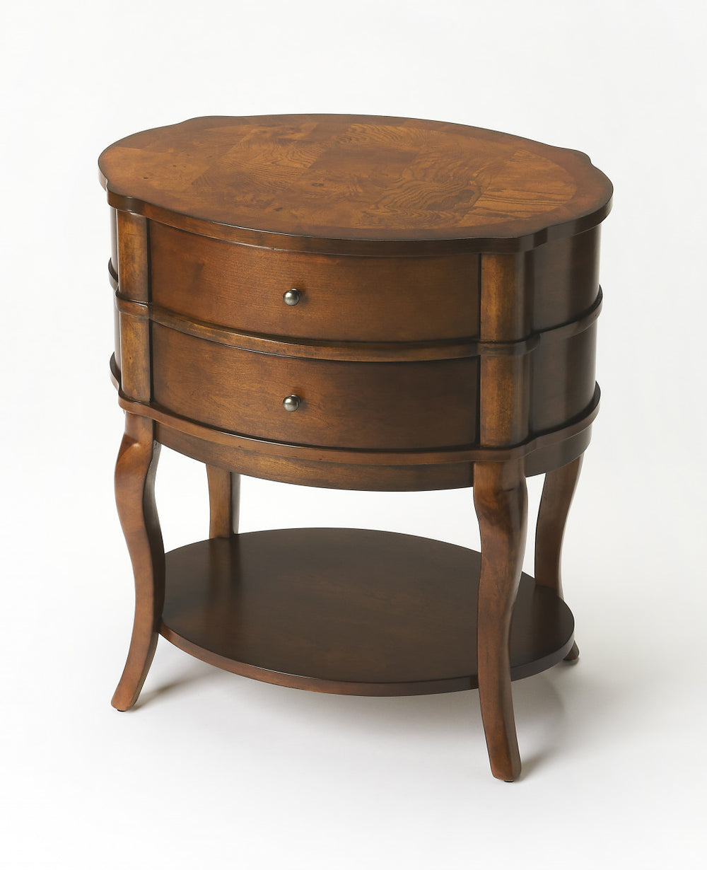 Homeroots 26" Medium Brown And Umber Solid And Manufactured Wood Oval End Table With Two Drawers And Shelf   476430