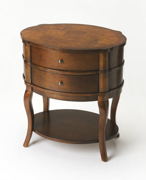 Homeroots 26" Medium Brown And Umber Solid And Manufactured Wood Oval End Table With Two Drawers And Shelf   476430