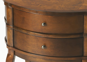 Homeroots 26" Medium Brown And Umber Solid And Manufactured Wood Oval End Table With Two Drawers And Shelf   476430