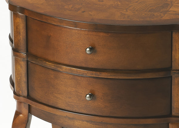 Homeroots 26" Medium Brown And Umber Solid And Manufactured Wood Oval End Table With Two Drawers And Shelf   476430