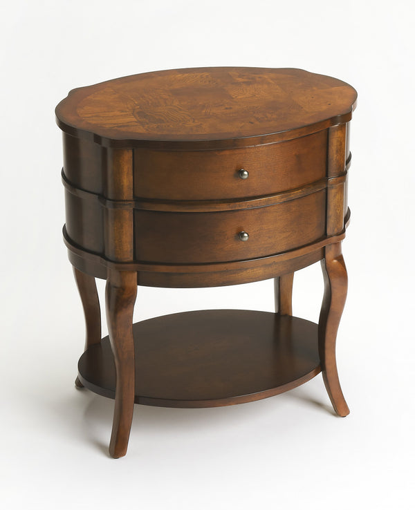 Homeroots 26" Medium Brown And Umber Solid And Manufactured Wood Oval End Table With Two Drawers And Shelf   476430