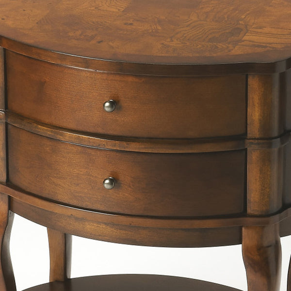 Homeroots 26" Medium Brown And Umber Solid And Manufactured Wood Oval End Table With Two Drawers And Shelf   476430