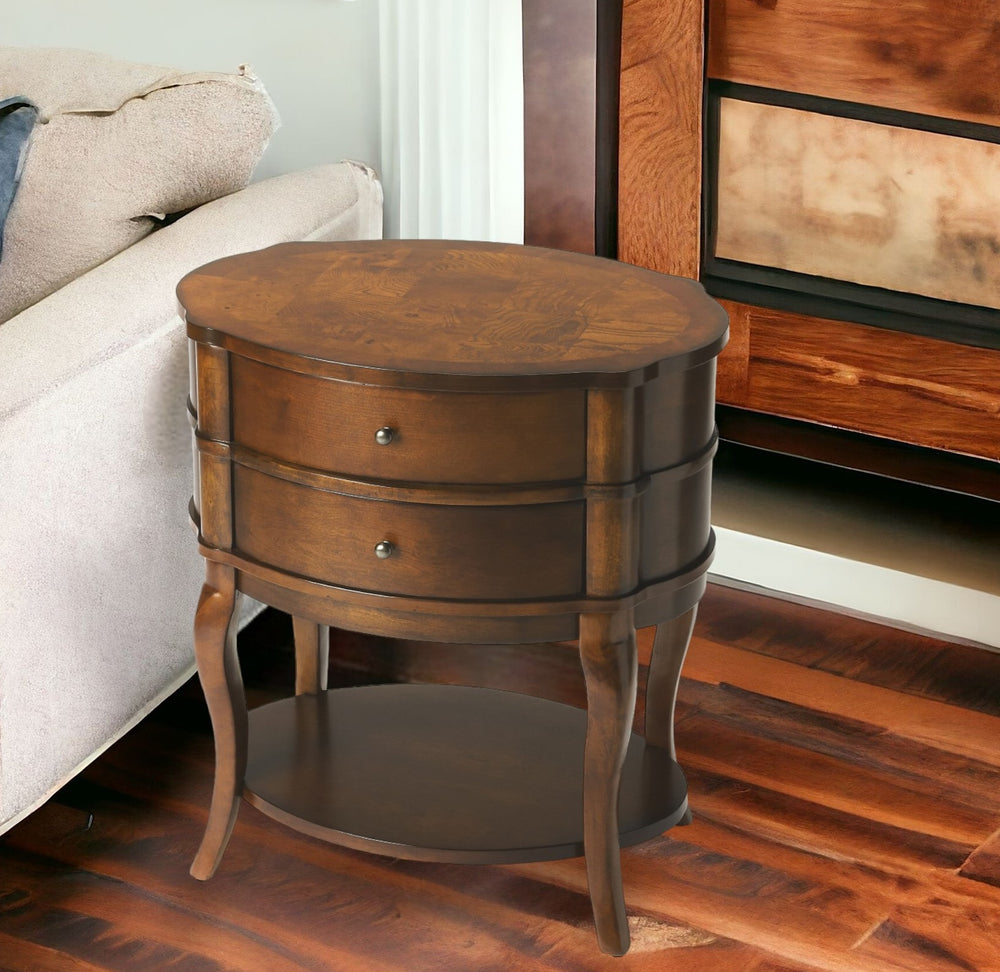 Homeroots 26" Medium Brown And Umber Solid And Manufactured Wood Oval End Table With Two Drawers And Shelf   476430