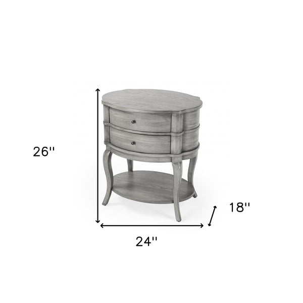 Homeroots 26" Gray Wood Oval End Table With Two Drawers And Shelf   476431