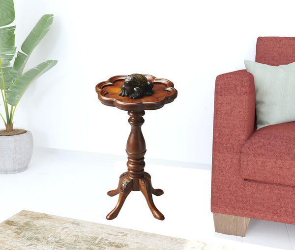 Homeroots 20" Medium Brown And Olive Ash Wood Floral Top End Table   476434