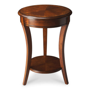 HomeRoots 26" Rustic Round End Table with Distressed Olive Ash Top & Convenient Shelf for Small Spaces 476437