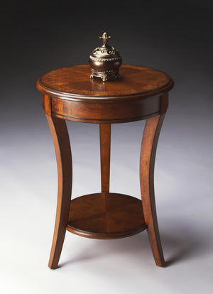 HomeRoots 26" Rustic Round End Table with Distressed Olive Ash Top & Convenient Shelf for Small Spaces 476437