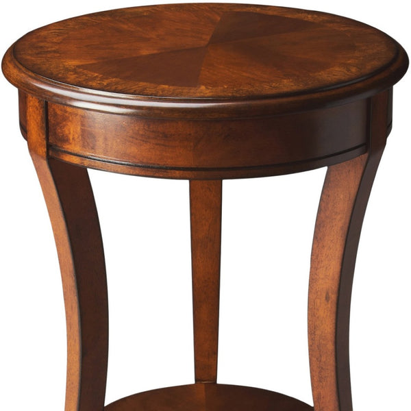 HomeRoots 26" Rustic Round End Table with Distressed Olive Ash Top & Convenient Shelf for Small Spaces 476437