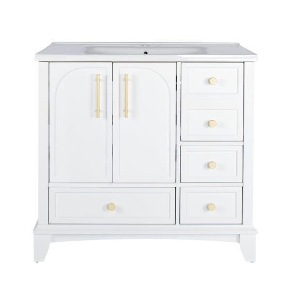 English Elm 35.6" Freestanding Bathroom Vanity with Roman Column Base and Ceramic Integrated Sink White W1801S00003